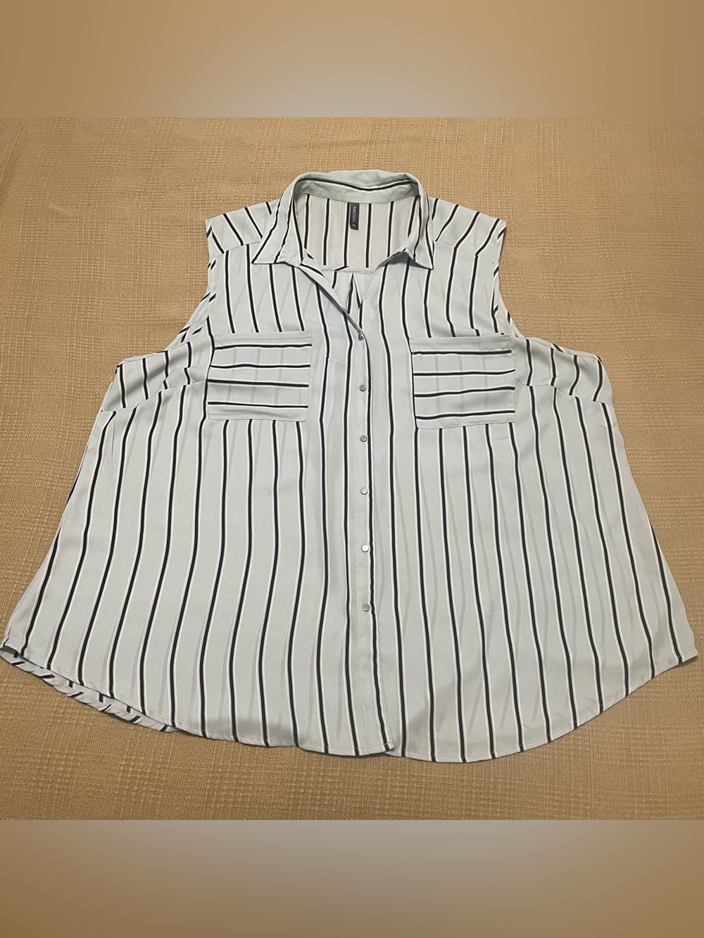 Massini Blue Sleeveless Vertical Black Stripe Button-Down Blouse